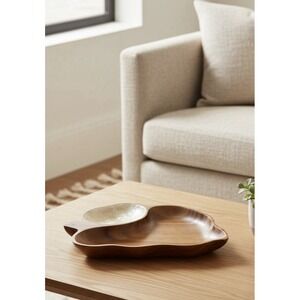 Vintage Napcoware Wood Leaf  Shaped‎ Platter Mother Of Pearl Dipping Bowl MCM